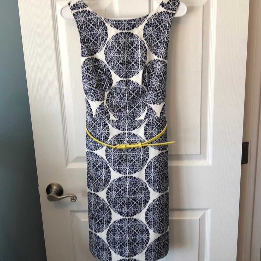 White with blue medallion pattern fit and flare